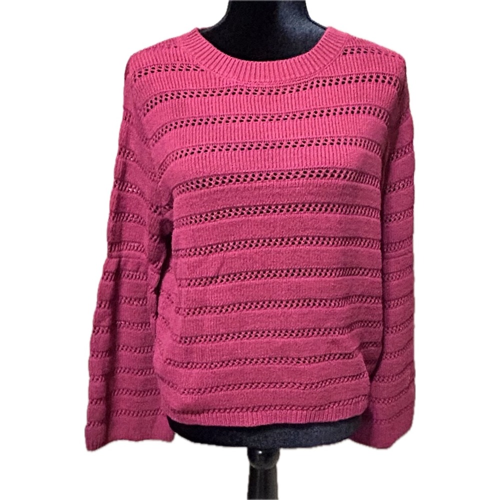 Roxy Womens XS Pink Pointelle Stripe Knit Crewneck Sweater